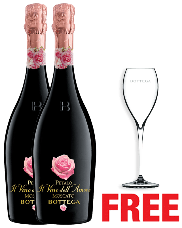 Bottega Petalo Amore Moscato Spumante Dolce 750ML x 2 Bottles + 1 Glass Free