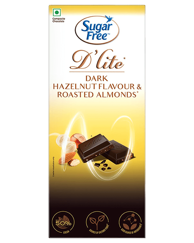 Sugar Free D'Lite Hazelnut Flavour & Roasted Almonds 50% Dark Chocolate 80G